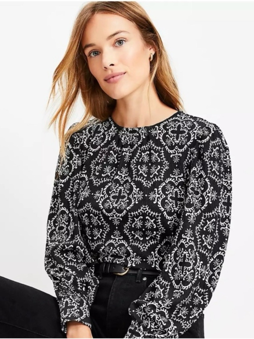 LOFT Petite Black & White Tiled Mosaic Textured Long-Sleeve Blouse - XXSP NWT